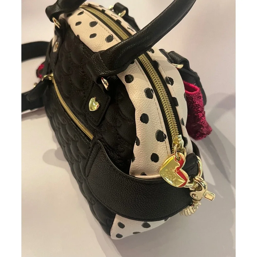 Betsy Johnson Purse Bag Handbag Black White Polka Dot Pink Sequin Bow With Strap